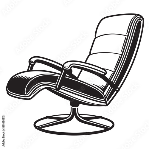 Classic mid century modern recliner chair illustration in black and white isolated on white