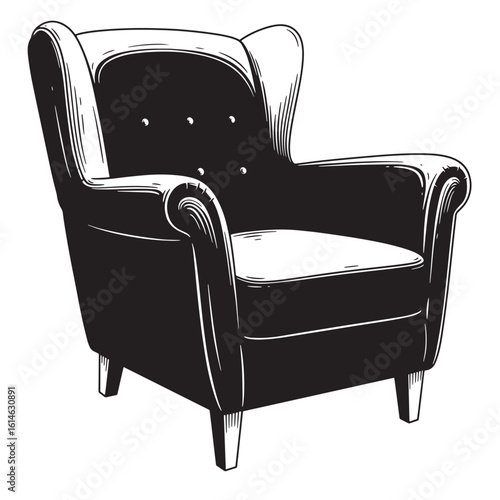 Classic wingback armchair illustration depicting comfort and elegance in black and white