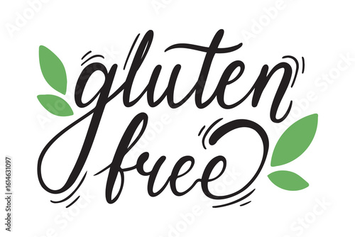 Gluten free organic nature hand written lettering. Emblem gluten free leaf logo, label badge for packaging and advertising.