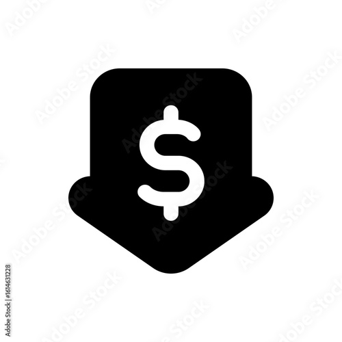 Black downward arrow containing a white dollar sign indicating a decrease in financial value or cost