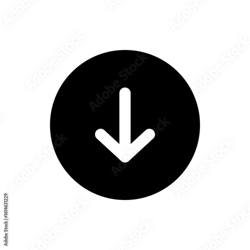 A black circle containing a white arrow pointing downwards indicating download or direction sign symbol icon