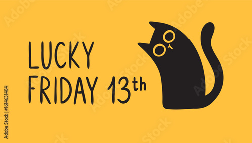 lucky friday 13th and black cat poster cartoon doodle hand drawn style 