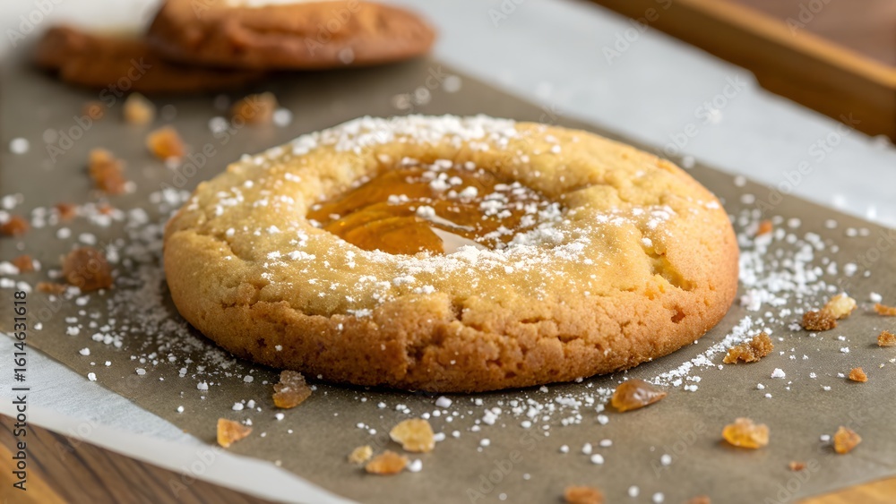 Delicious Honey-Glazed Cookie with Powdered Sugar, Close-Up Studio Shot Delicious Honey-Glazed Cookie with Powdered Sugar, Close-Up Studio Shot