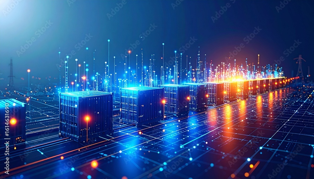 Fototapeta premium Digital blockchain technology concept with a row of glowing server cubes processing big data on a futuristic network grid.