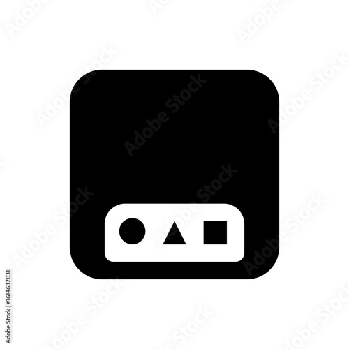 Black rounded rectangle with a white horizontal bar containing a circle triangle and square shapes below it