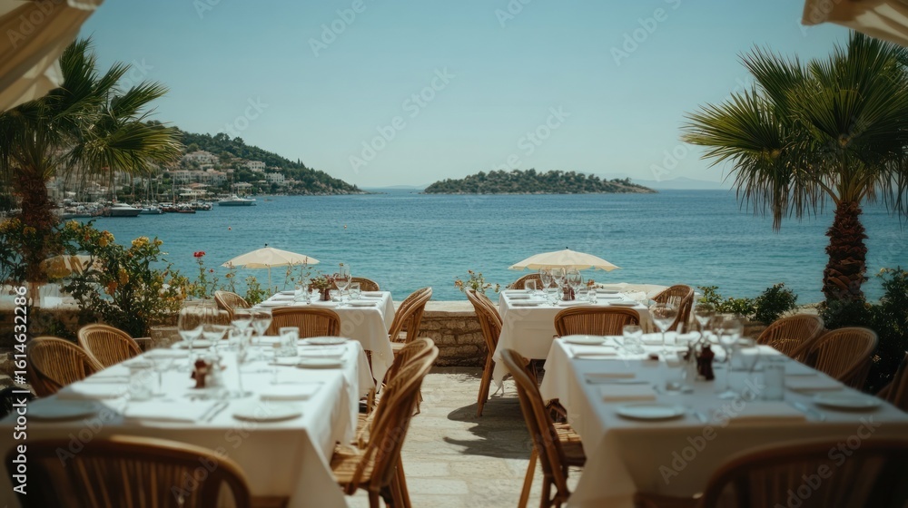 Obraz premium Outdoor seaside restaurant, tables set, ocean view