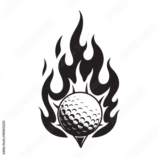 Golf ball illustration engulfed in stylized flames represents a passion for the sport