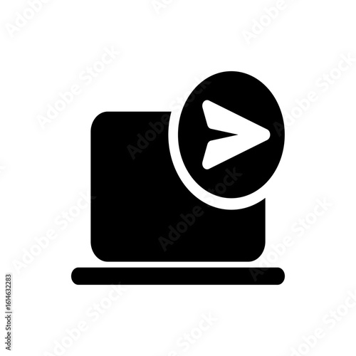 Black and white illustration of a computer with a send icon on top of it in a circular shape design