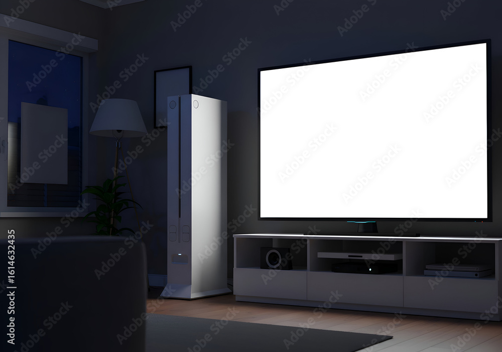 Fototapeta premium Modern living room at night with a blank TV screen. A young adult male gamer relaxing with his entertainment system. Home entertainment space in a contemporary residence -