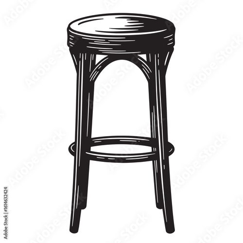 Hand drawn illustration of a classic wooden bar stool in a vintage engraving style