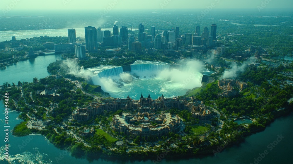 Fototapeta premium Panoramic aerial view of Niagara Falls, city, and surrounding islands