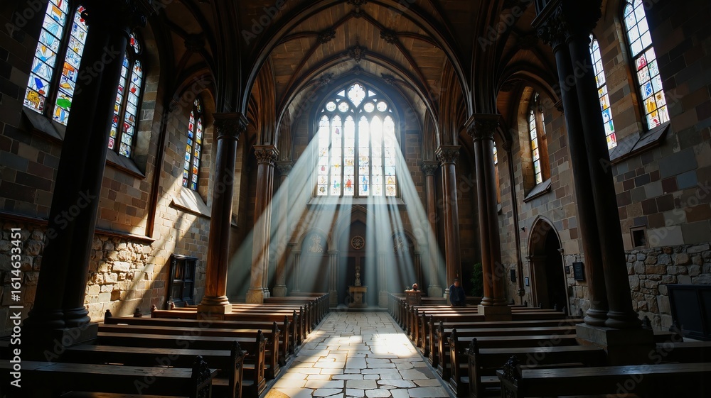 Fototapeta premium Sunlight streams through stained glass windows, casting a serene glow over the stone walls and wooden pews of a grand cathedral 