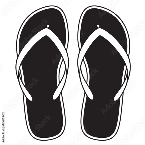 Simple black and white illustration of a pair of classic flip flops on a white background