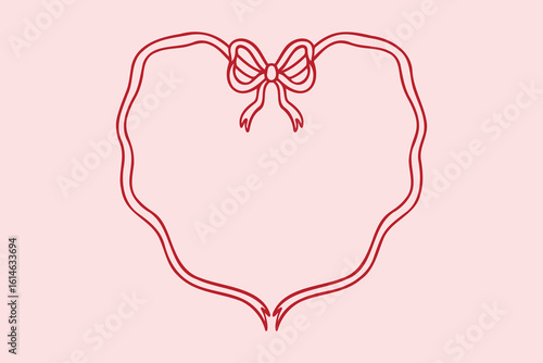 heart pink frame with bow and ribbon. Hand drawn love vintage retro frame border. Trendy elegant wedding banner.