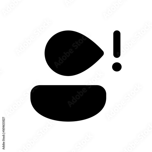 Black graphic featuring a speech bubble like shape above a bowl with an exclamation point symbol next to it