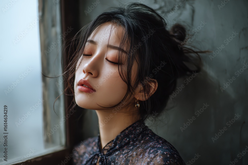 Fototapeta premium Peaceful young Chinese woman with closed eyes enjoys a moment of tranquility by the window in a softly lit room during a calm afternoon