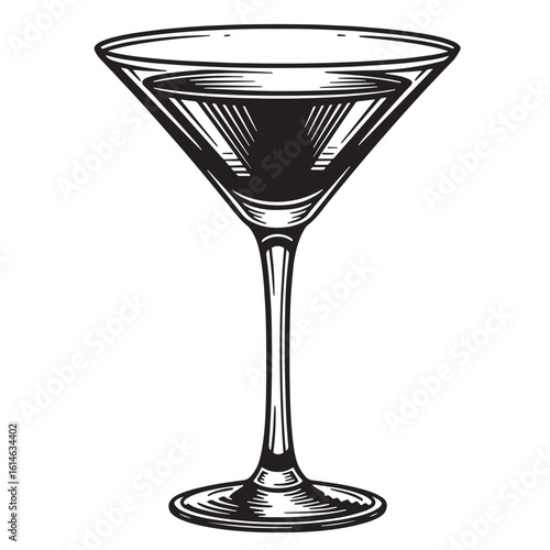 Vintage engraved martini glass illustrative design featuring classic cocktail drink in black and white