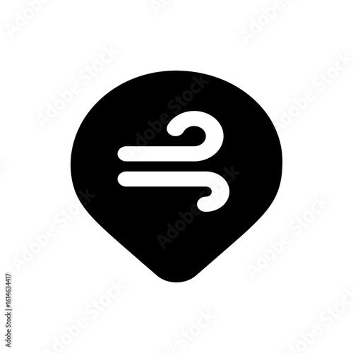 Illustration of a black location pin with a white wind symbol indicating windy weather conditions outside