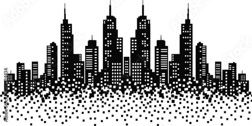 Abstract cityscape silhouette dissolving into scattered dots creating a futuristic or deconstructed urban landscape effect