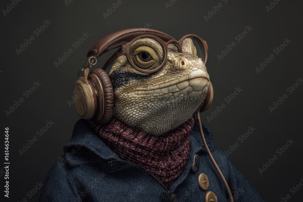 Fototapeta premium Cool lizard wearing headphones and stylish outfit in a cozy setting, capturing a fun and laid-back vibe during a relaxing moment