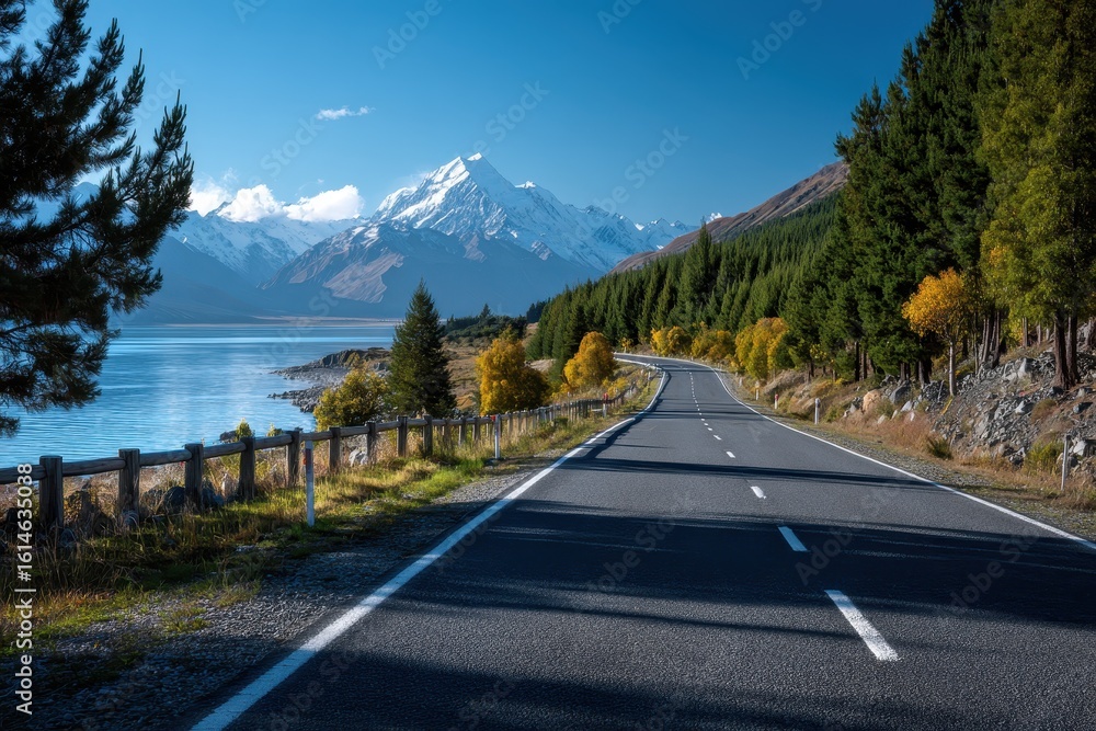 Fototapeta premium Scenic road along Lake Pukaki with Mount Cook in the background during a clear day