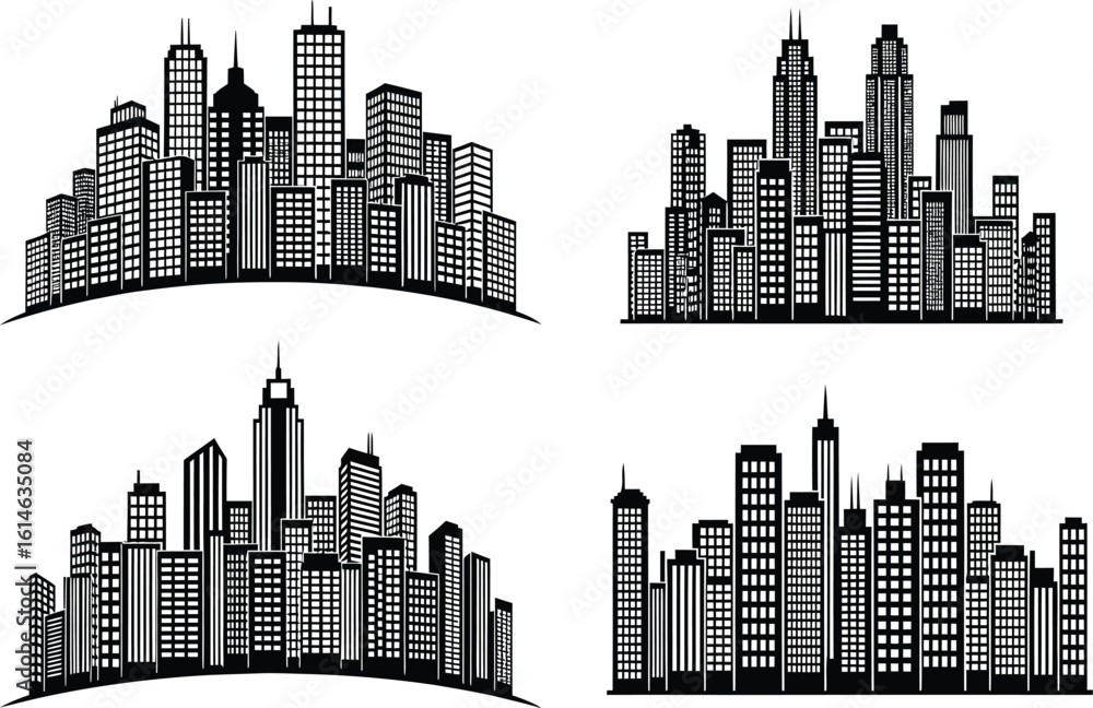 Fototapeta premium Four distinct black and white stylized illustrations of modern city skylines with diverse architectural styles