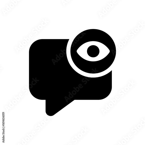 Black speech bubble with rounded corners and an eye icon in a circle on the upper right corner side
