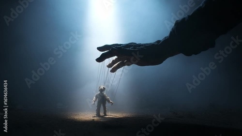 Control and Influence: A poignant depiction of a puppet manipulated by an unseen hand. Symbolic of control, influence, and the complexities of human interaction, with a dramatic lighting arrangement.
