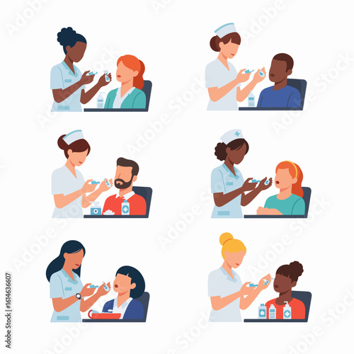 Healthcare professionals administering medication to diverse patients in various care settings, illustrating medical treatment and compassionate nursing assistance.