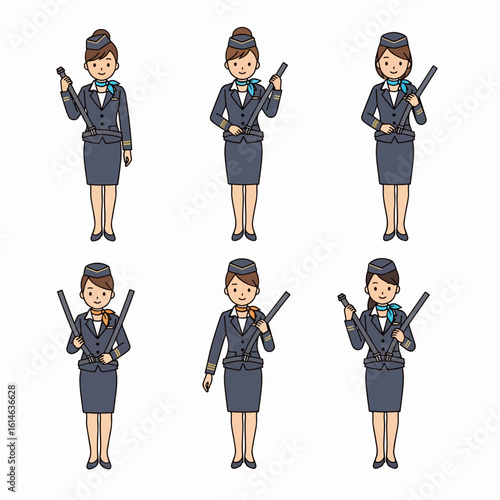 Cartoon flight attendants demonstrating safety procedures with seatbelts, smiling cabin crew characters in uniform on white background.