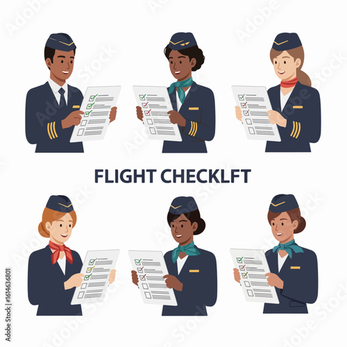 Diverse Group of Airline Crew Members, including Pilots and Flight Attendants, Diligently Reviewing Pre-Flight Checklists, highlighting Safety and Professionalism in Aviation.