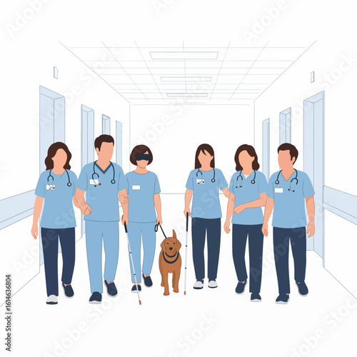 A diverse healthcare team, including visually impaired members with guide dogs and canes, walking together in a hospital corridor, symbolizing inclusivity and support.