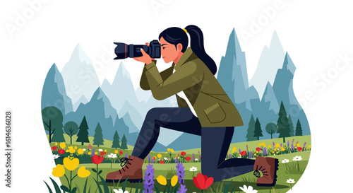 Vector Illustration of Woman Photographer in Nature Scene with Camera Mountain and Flowers Flat Style