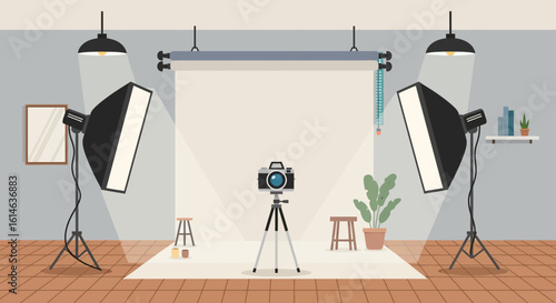 Vector Illustration of Modern Photography Studio with Camera Lights Backdrop and Plants Minimalist Style