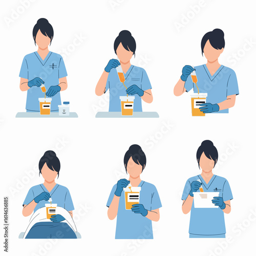 Medical professional handling urine samples for laboratory testing and analysis, illustrating health check-up procedures.