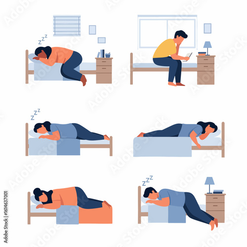 Various sleep positions and bedtime routines depicted in simple, flat design illustrations for comfort and rest.