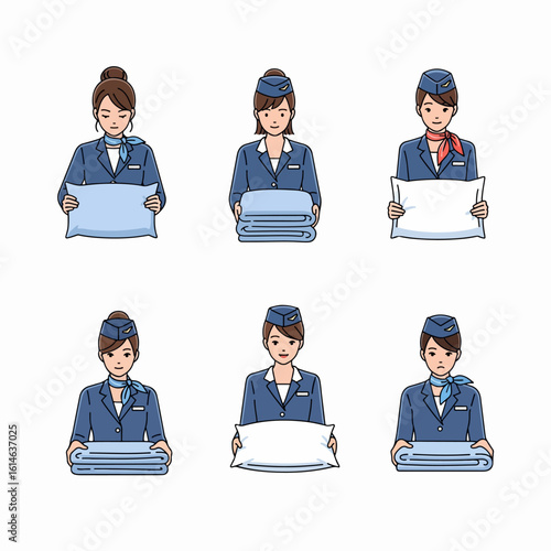 Flight attendants offering comfort items like pillows and blankets, illustrating in-flight service and hospitality.