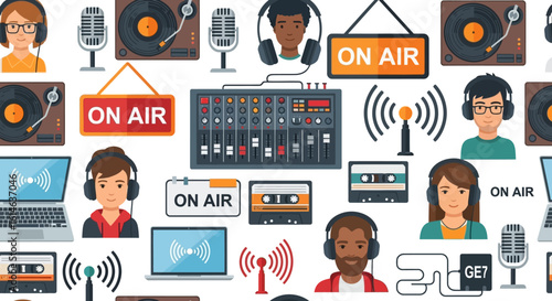 Radio Broadcasting Vector Pattern with People Microphones and Equipment in Modern Flat Style