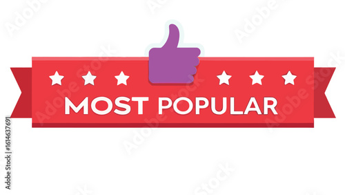 Most popular label badge with thumbs up and five stars flat icon design
