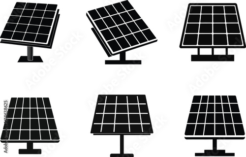 Six Silhouette Solar Panel Designs for Sustainable Energy Illustration