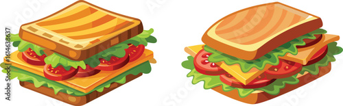 Two delicious looking cartoon sandwiches, each with a variety of fresh fillings