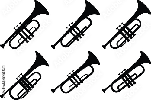 Black silhouettes of trumpets arranged in two rows