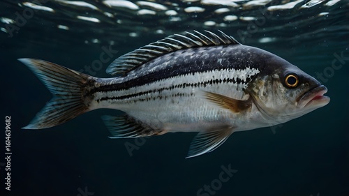 Freshly caught black drum fish with sleek gray scales and vibrant fins lies isolated on a clean gray background,
