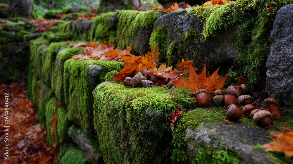 Obraz premium A section of old stone fortifications covered in thick green moss, surrounded by orange maple leaves and acorns