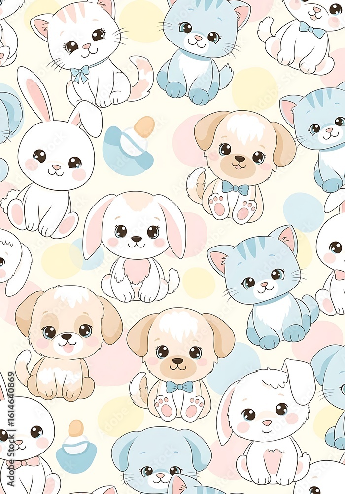 Obraz premium Cute Cartoon Animal Pattern: Adorable Kitten Puppy Rabbit Seamless Background Design