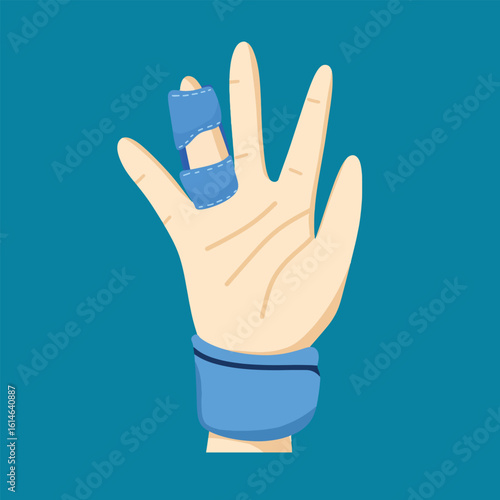 Finger splint on hand, first aid and healthcare concept