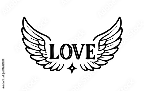 Romantic Winged Love Typography in Elegant Black Line Art Style Illustration