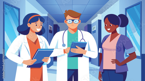 Diverse medical team collaborating in a hospital hallway