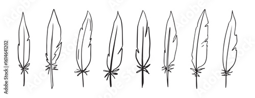 feather pen doodle hand drawn icon set. Outline drawing feather pen line clipart symbol collection