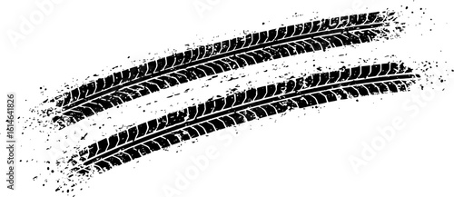 Grunge black tire track imprint with splatter dirt texture isolated on white background vector illustration for automotive offroad race design skid mark dirty rough print element wheel motion